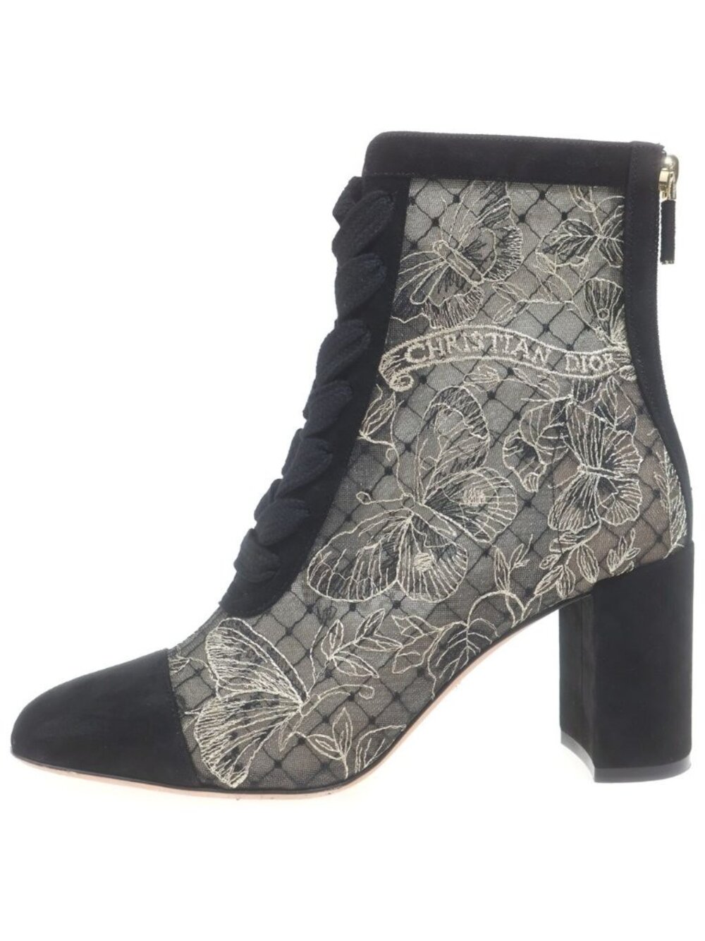Dior Naughtily-d Logo Embroidery Suede Leather Lace Heels Short Boots Black - Picture 1 of 7